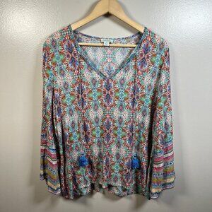 Sundance Andalusia Peasant Top Size Medium Split Neck Boho Tassels Bell Sleeves